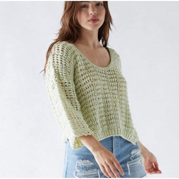 Free People NWT Mint Chunky Sleeve Crochet Knit Top Fall Boho Coastal Grandma - Picture 1 of 6